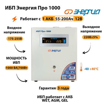 Энергия ИБП Про 1000 12В - ИБП и АКБ - ИБП для котлов - Магазин электрооборудования для дома ТурбоВольт